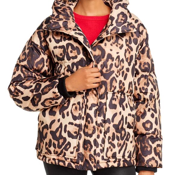 AQUA Leopard Print Hooded Puffer Jacket | Bold Animal Print Coat | Size S - Picture 1 of 7